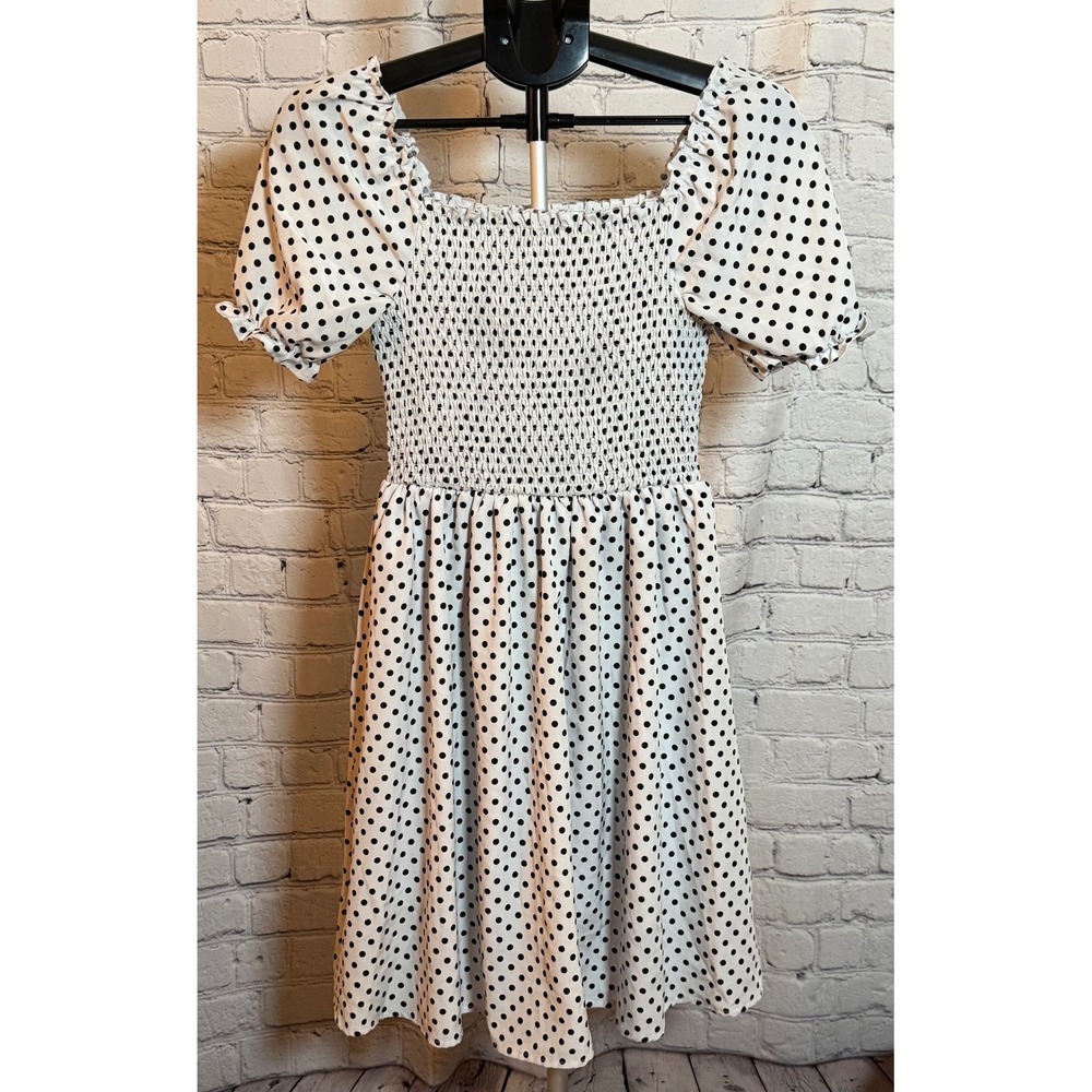 Coco Fashion Polka Dot Smocked Puff Sleeve Mini Dress White Black Large